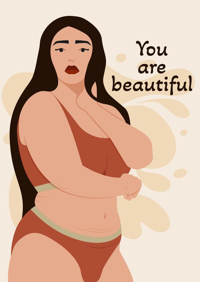 Body positive poster vector template. Feminism movement. Brochure, cover, booklet page concept design with flat illustrations. Overweight women.