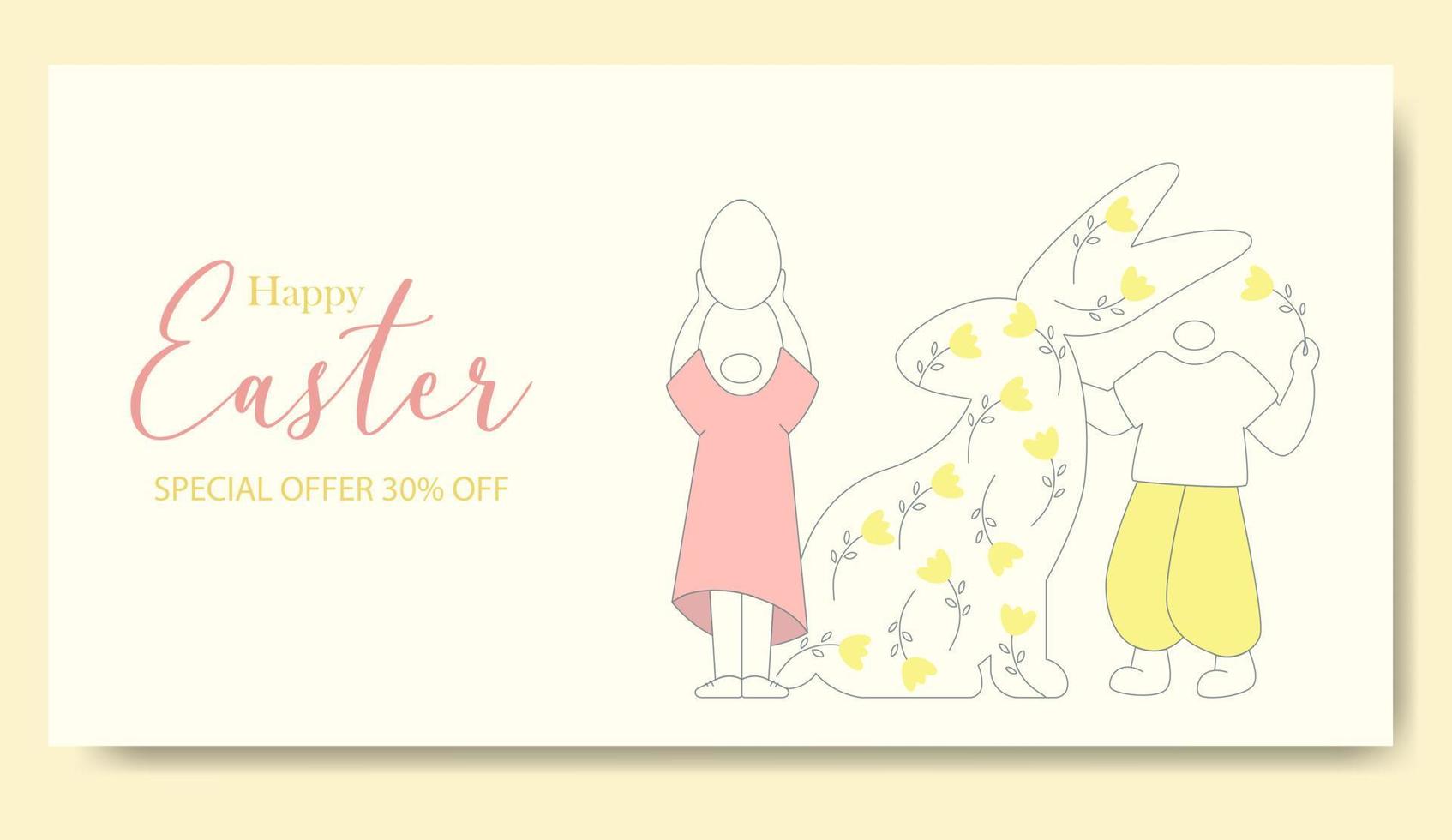Happy Easter hunt minimalistic illustration characters banner. Sunday postcard, card, invitation, poster, banner template lettering typography. Seasons Greetings vector