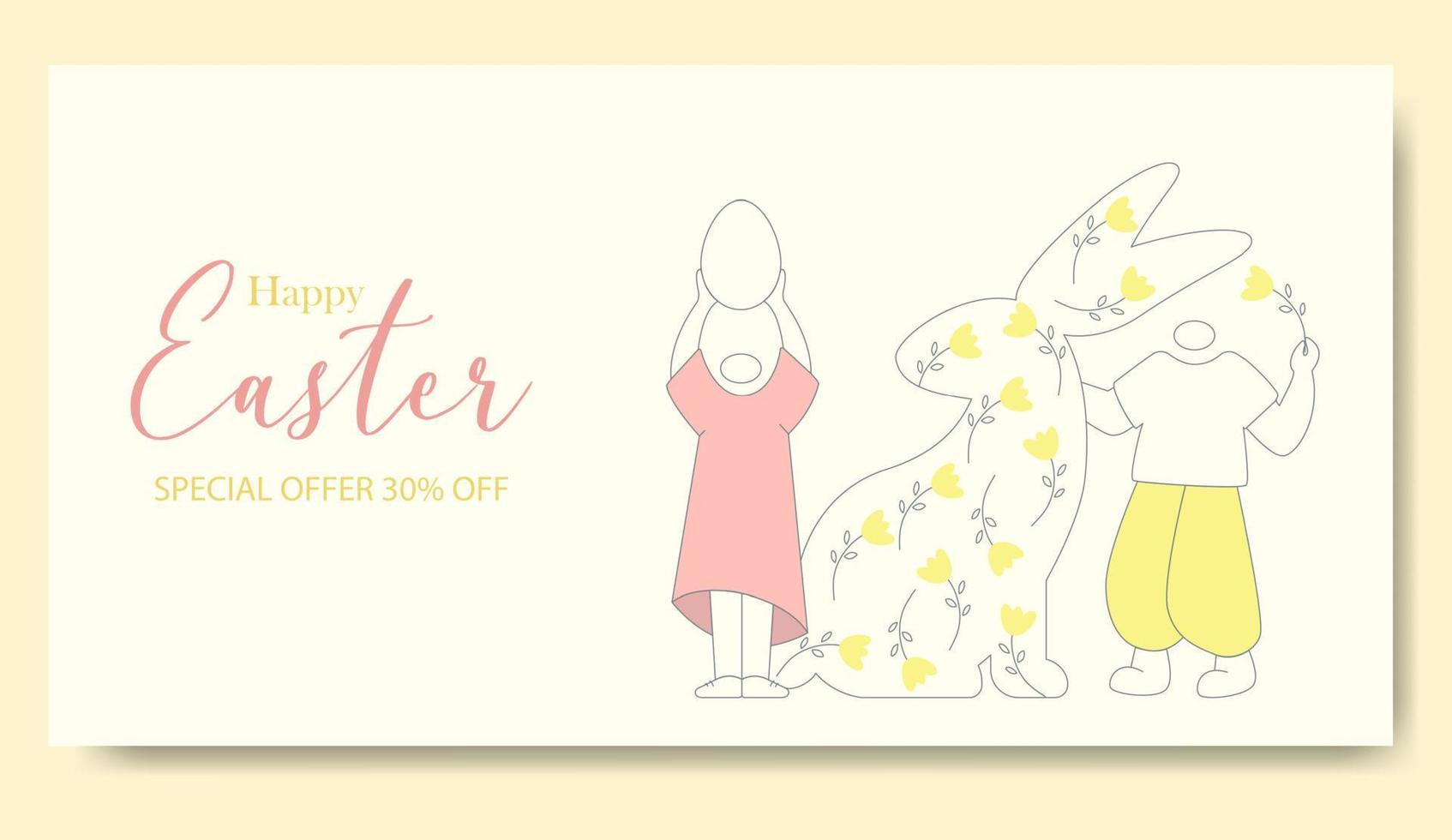 banner de personajes de ilustración minimalista de caza de pascua feliz. postal de domingo, tarjeta, invitación, afiche, tipografía de letras de plantilla de banner. Felices Fiestas vector