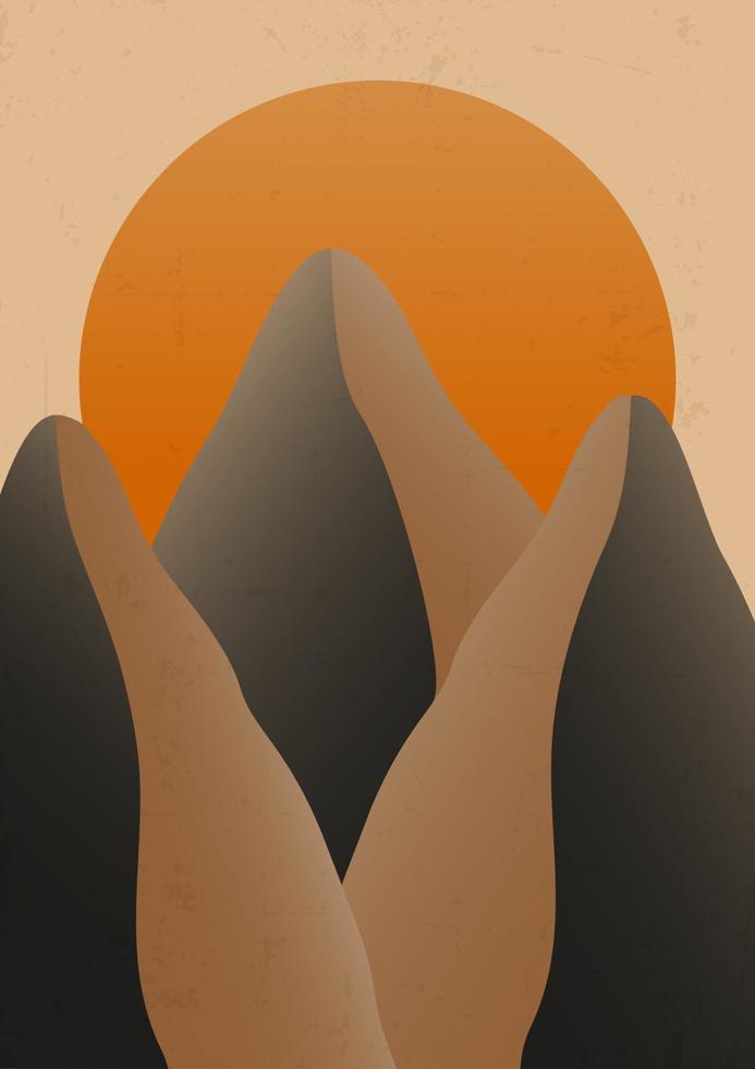 Abstract boho mountain landscape poster. Modern boho background with sun and mountains, minimalist wall decor. Vector a4 art print