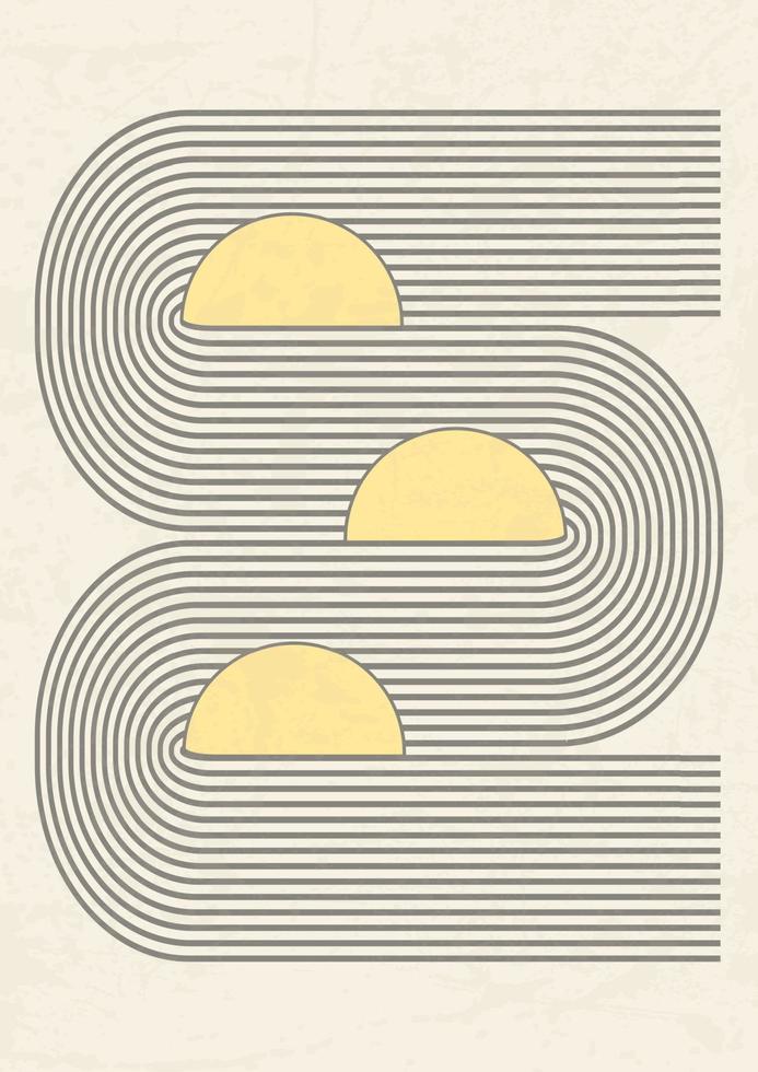 Wawed arch and sun poster illustration in minimalistic style. Boho home decor of circle and lines in pastel colors vector