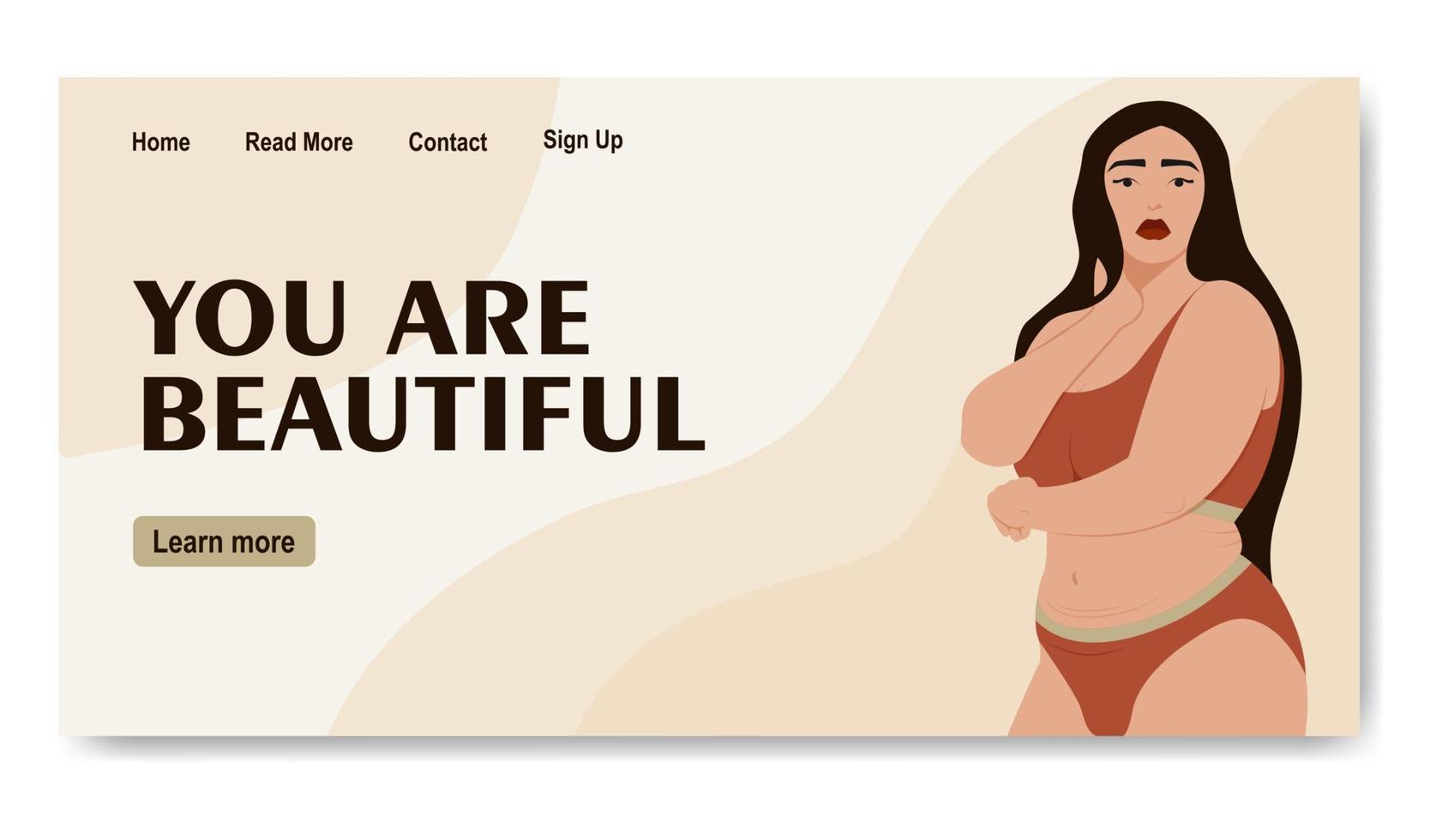 Body positive banner vector template. Feminism movement. Brochure, cover, booklet page concept design with flat illustrations. Overweight women.