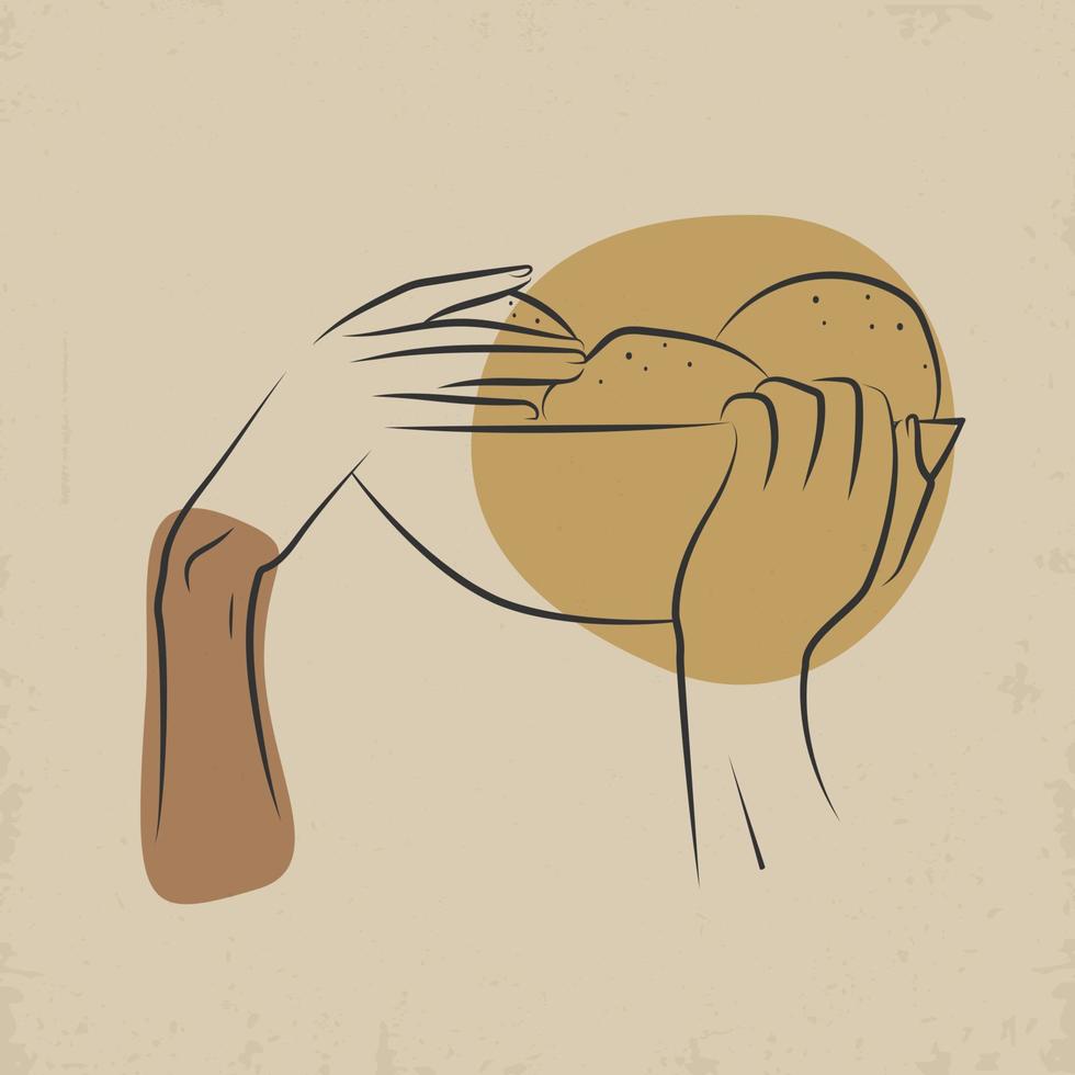 Line art aesthetic minimalist hands drawing. Hands with fruit bowl illustration. Trendy linear style on a beige background. Square composition vector