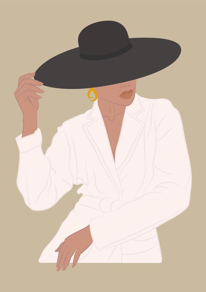mujer joven en traje blanco y cartel de ilustración de sombrero. concepto de poder femenino. ilustración vectorial dibujada a mano de color. vector