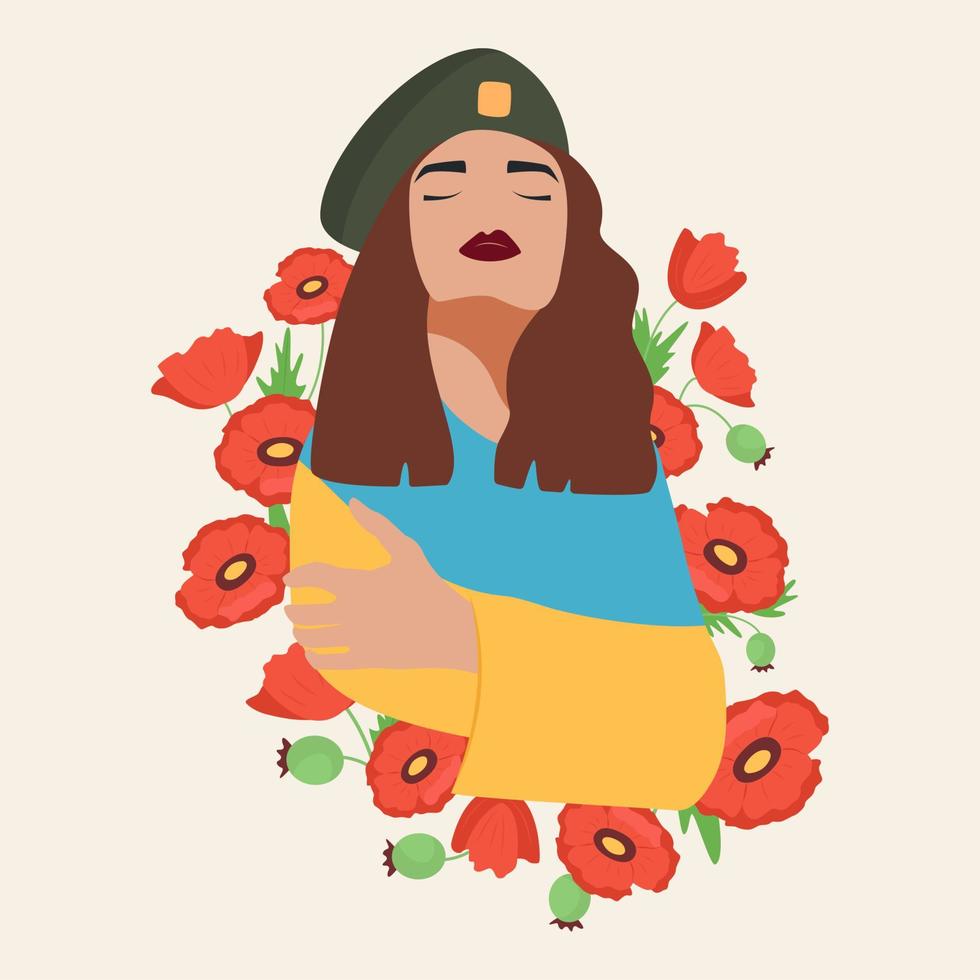 Ukrainian girl with a flag and poppies illustration. A military woman defends the country. Stop the war in Ukraine. No war. Vector isolated illustration. Flat style.