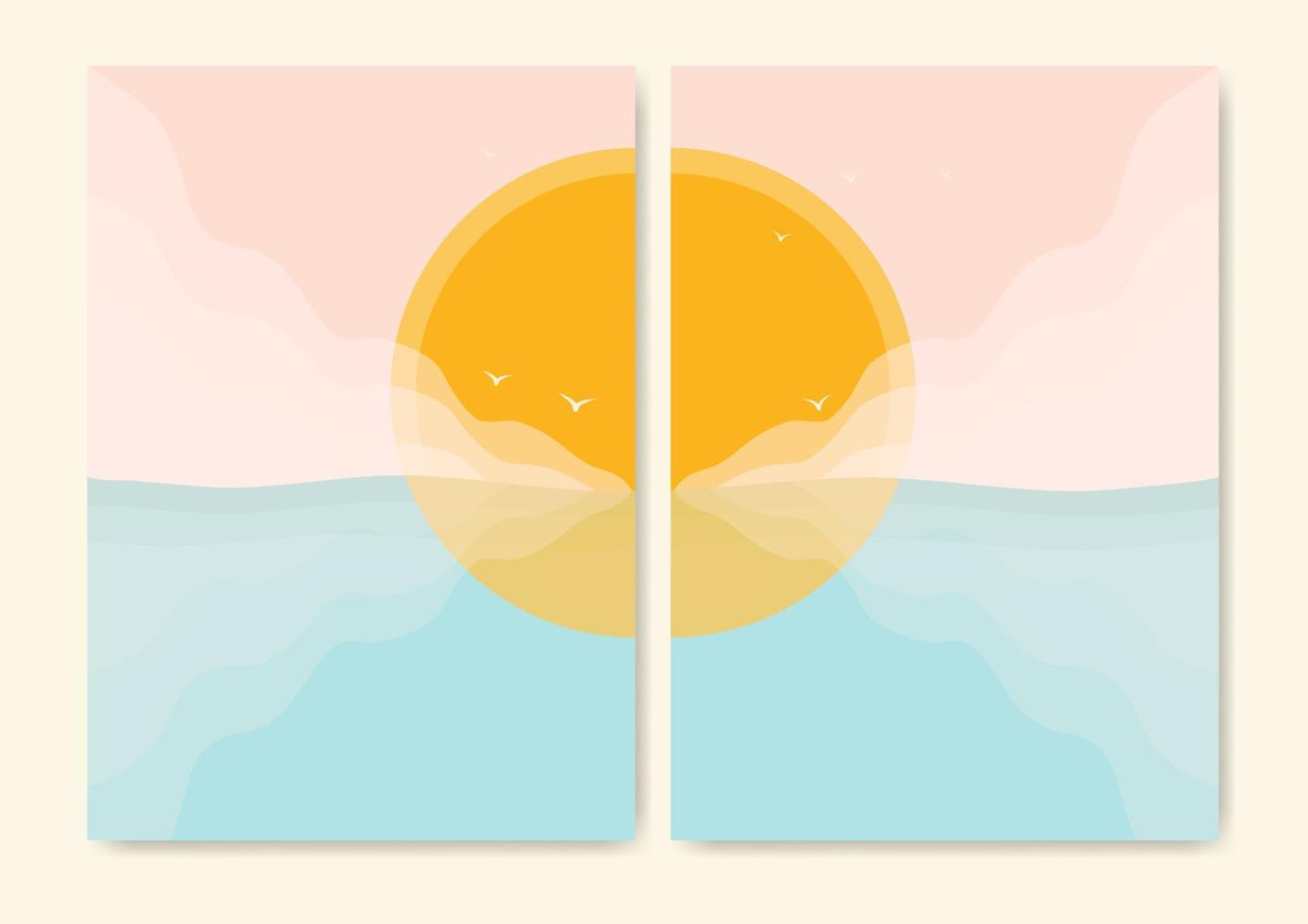 Minimalistic modern ocean side print. Ocean wave and sun aesthetic landscape. Skyline, wave vector illustration