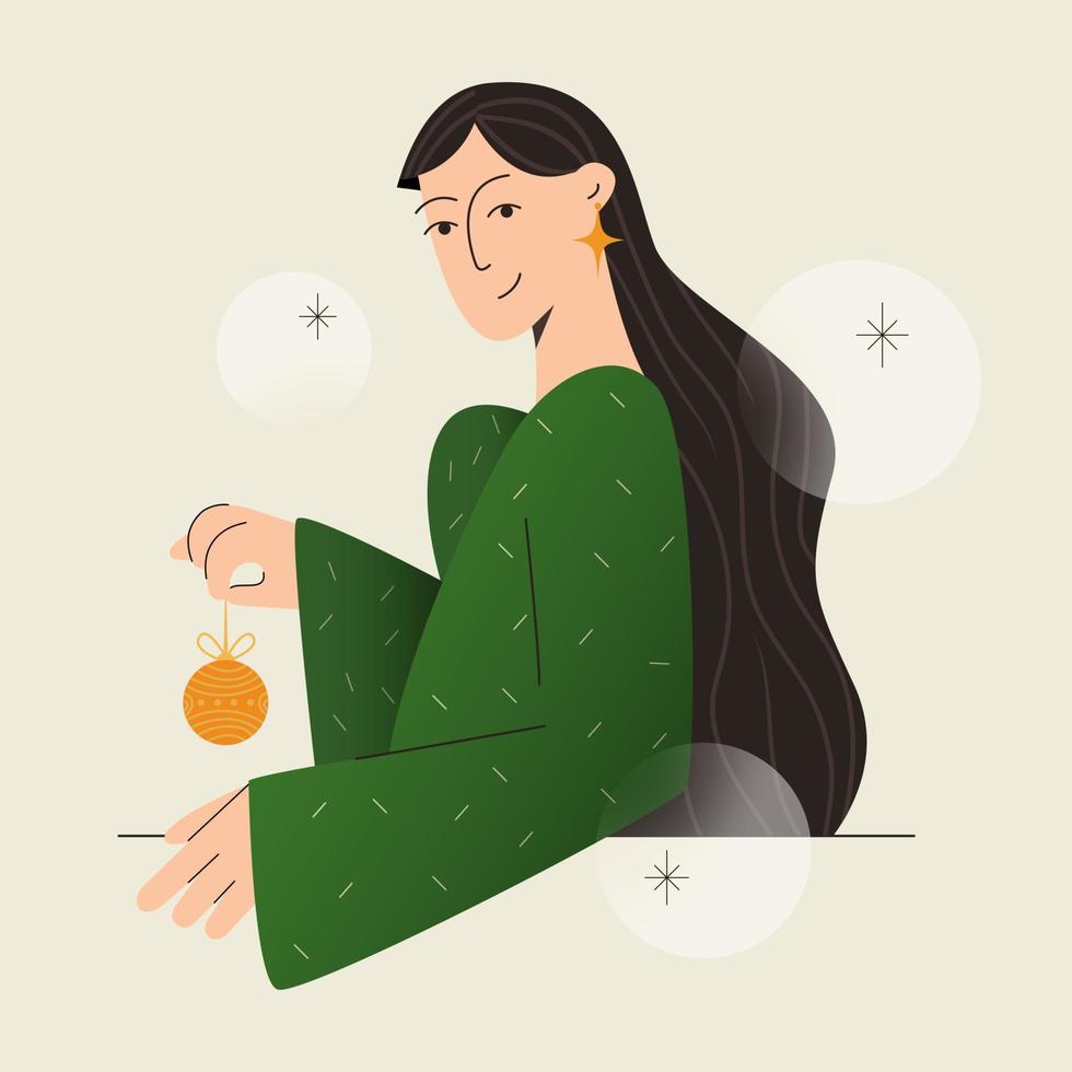 Marry Christmas and Happy new year. Girl with christmas tree decoration, greeting card. Vector illustration