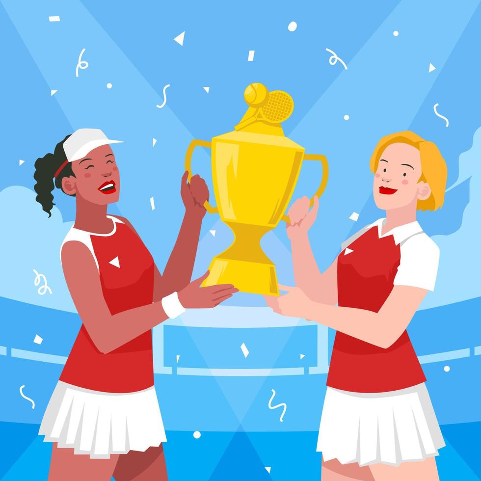 Two Female Tennis Athlete Holding Their Winning Trophy for National Girls and Women in Sport Celebration vector