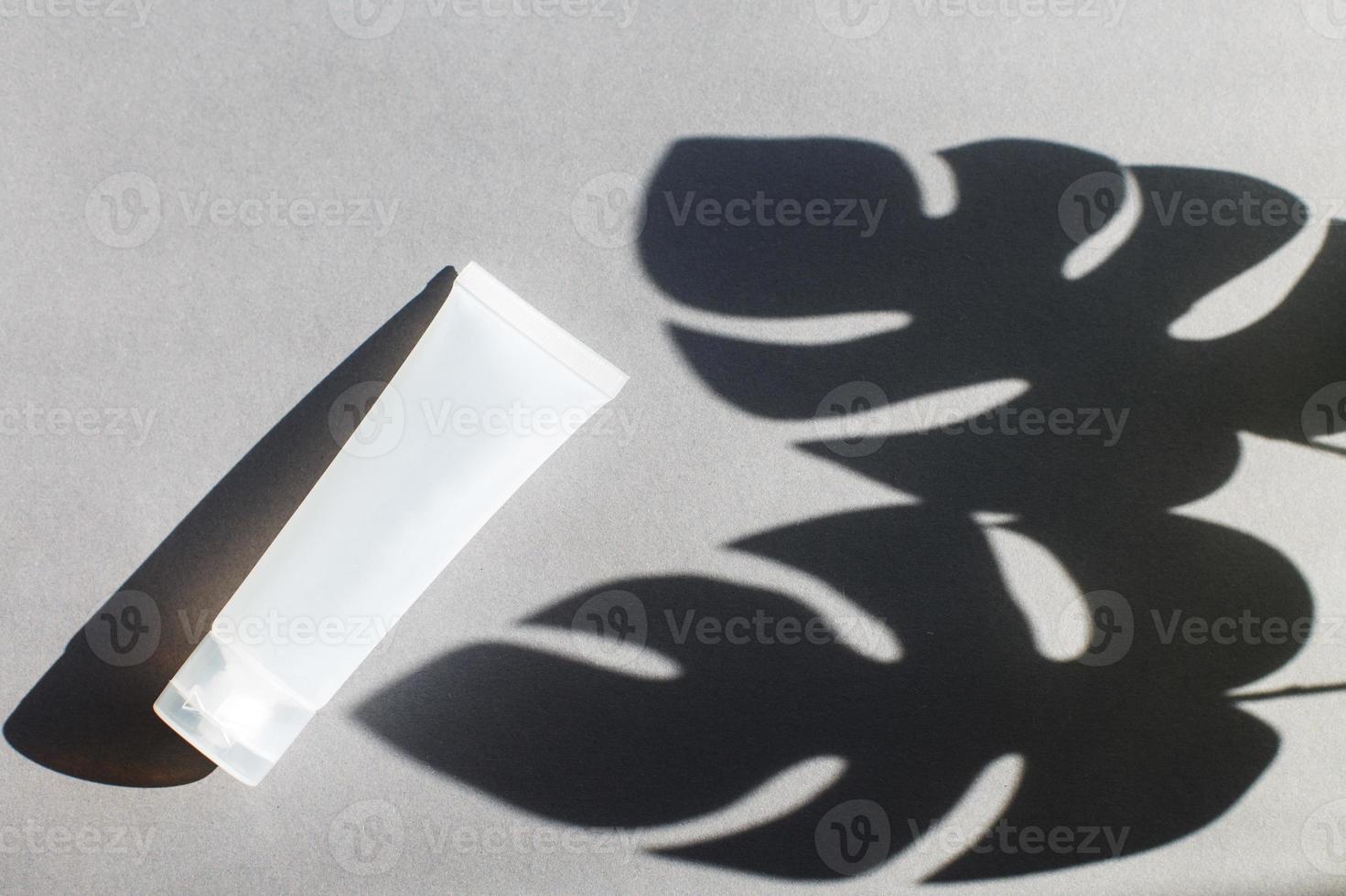 Plastic tube for cream or lotion on a gray background with shadow of montera leaves. Beauty concept photo