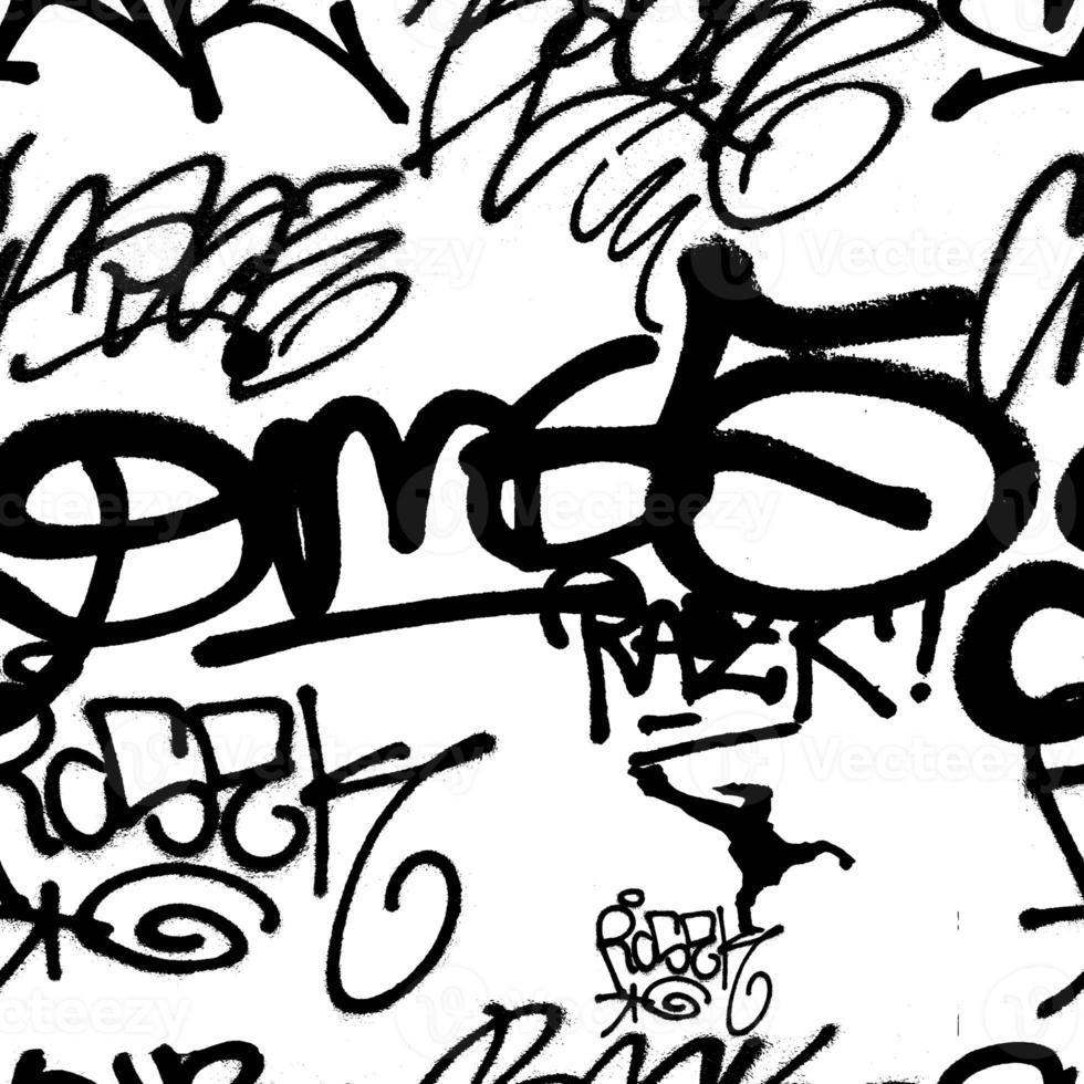 Graffiti seamless pattern with abstract labels, meaningless letters. Fashion hand drawn texture, street art retro style, old school design for t-shirt, textile, wrapping paper, black and white photo