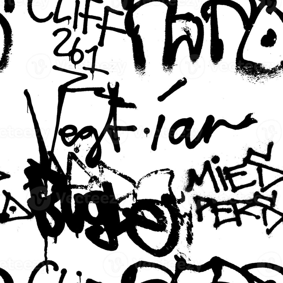 Graffiti seamless pattern with abstract labels, meaningless letters. Fashion hand drawn texture, street art retro style, old school design for t-shirt, textile, wrapping paper, black and white photo