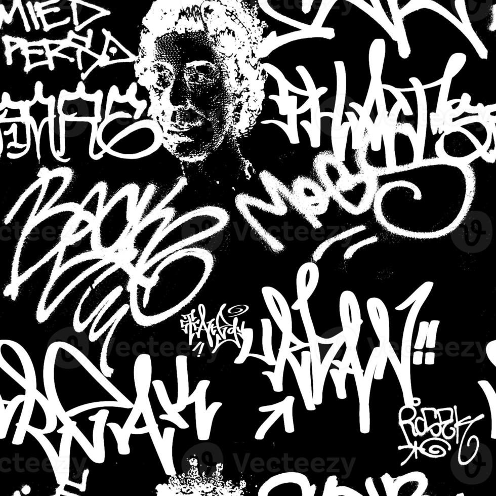 Graffiti seamless pattern with abstract labels, meaningless letters. Fashion hand drawn texture, street art retro style, old school design for t-shirt, textile, wrapping paper, black and white photo