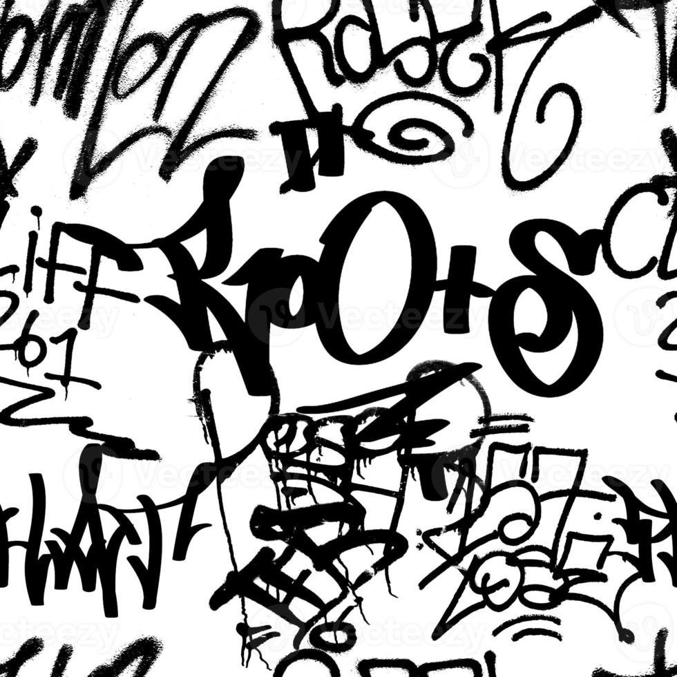Graffiti seamless pattern with abstract labels, meaningless letters. Fashion hand drawn texture, street art retro style, old school design for t-shirt, textile, wrapping paper, black and white photo