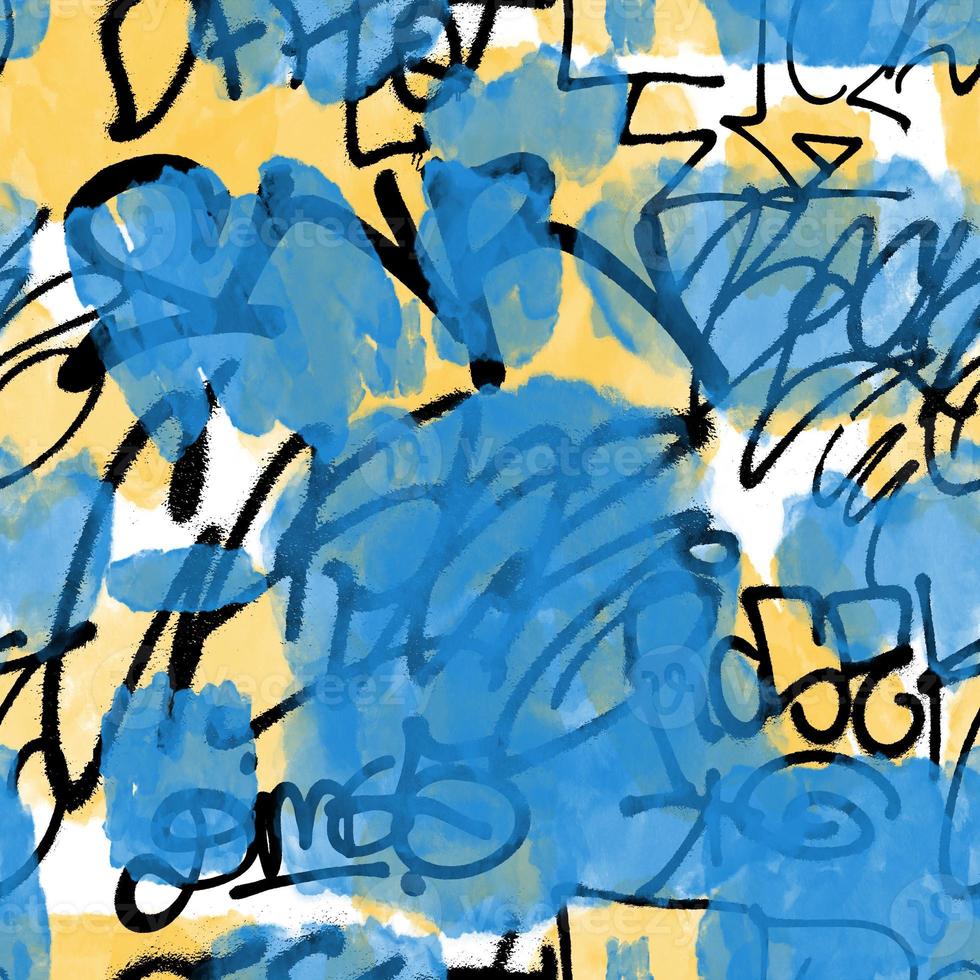Graffiti seamless pattern with abstract labels, meaningless letters. Fashion hand drawn texture, street art retro style, old school design for t-shirt, textile, wrapping paper, black and white photo