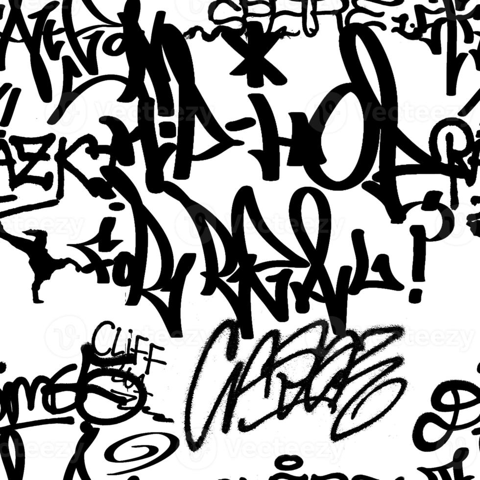 Patrón transparente de graffiti con etiquetas abstractas, letras sin sentido. textura dibujada a mano de moda, estilo retro de arte callejero, diseño de la vieja escuela para camisetas, textiles, papel de envolver, blanco y negro foto