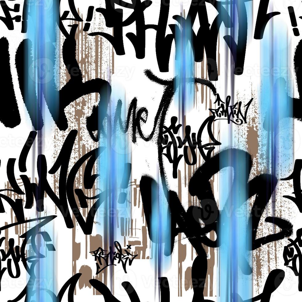 Patrón transparente de graffiti con etiquetas abstractas, letras sin sentido. textura dibujada a mano de moda, estilo retro de arte callejero, diseño de la vieja escuela para camisetas, textiles, papel de envolver, blanco y negro foto
