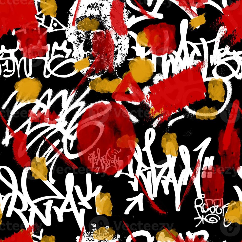 Graffiti seamless pattern with abstract labels, meaningless letters. Fashion hand drawn texture, street art retro style, old school design for t-shirt, textile, wrapping paper, black and white photo