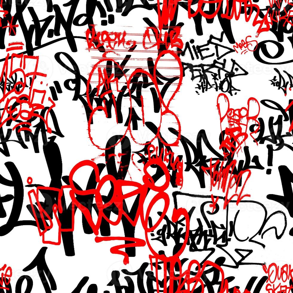 Graffiti seamless pattern with abstract labels, meaningless letters. Fashion hand drawn texture, street art retro style, old school design for t-shirt, textile, wrapping paper, black and white photo