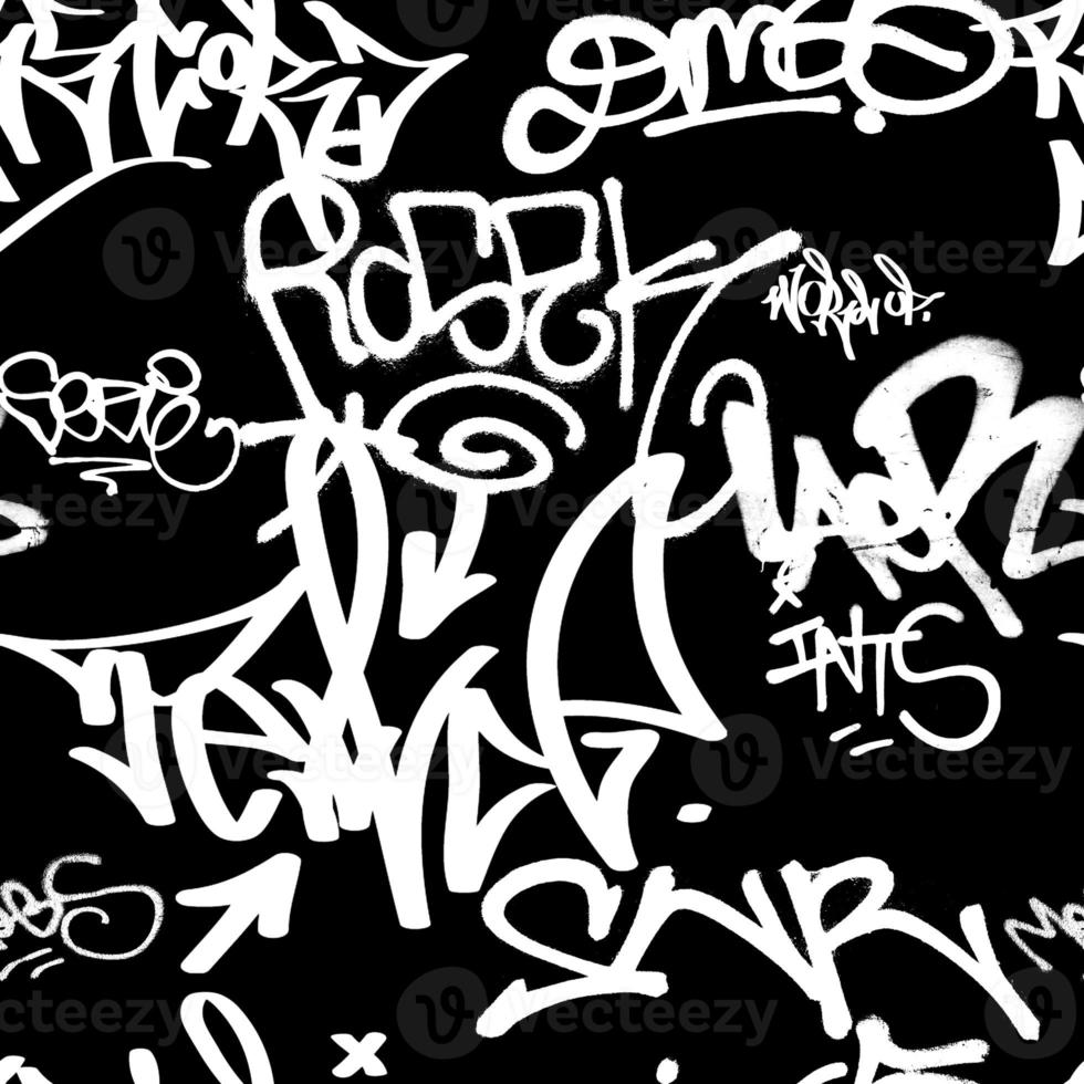 Graffiti seamless pattern with abstract labels, meaningless letters. Fashion hand drawn texture, street art retro style, old school design for t-shirt, textile, wrapping paper, black and white photo