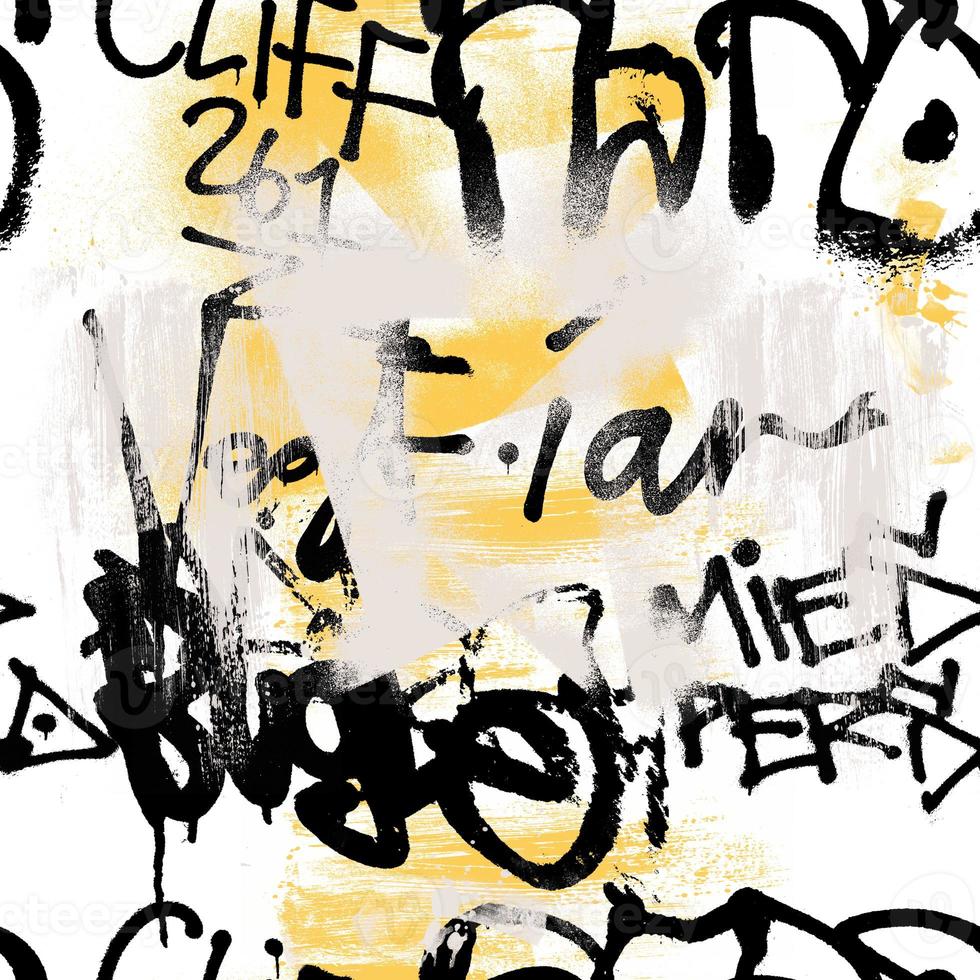Graffiti seamless pattern with abstract labels, meaningless letters. Fashion hand drawn texture, street art retro style, old school design for t-shirt, textile, wrapping paper, black and white photo