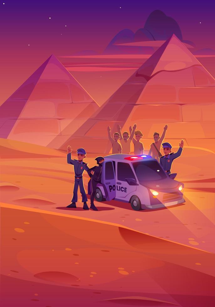 Policeman catch thief in desert in Egypt vector