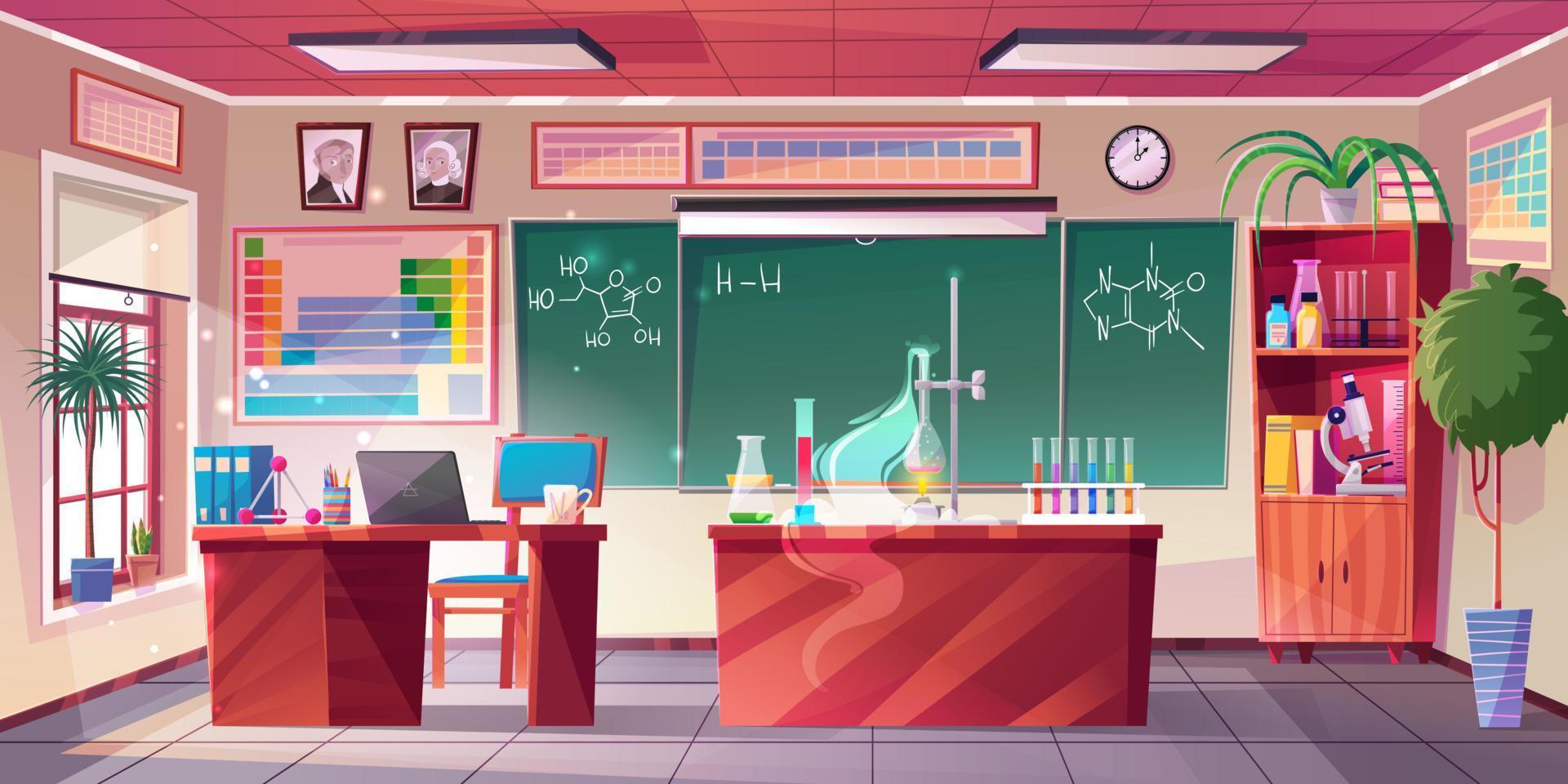 ilustración de dibujos animados interior del aula de química vector