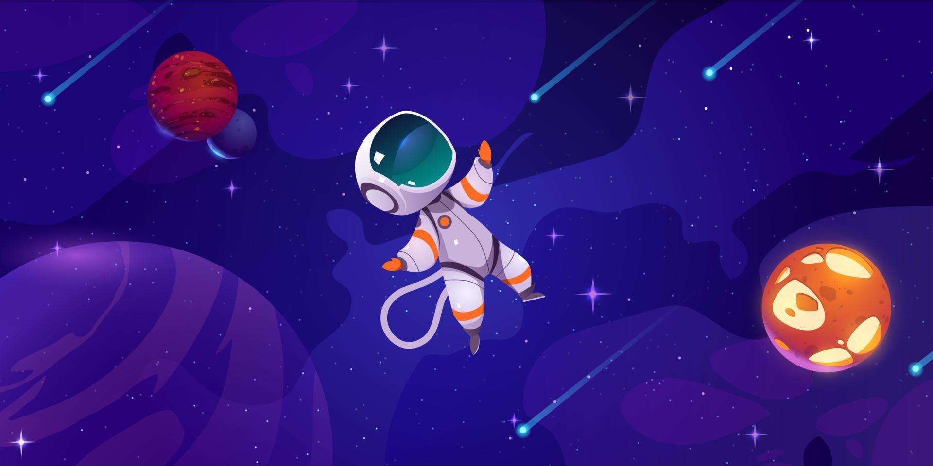 Astronaut in cosmos with stars, planets, comets vector