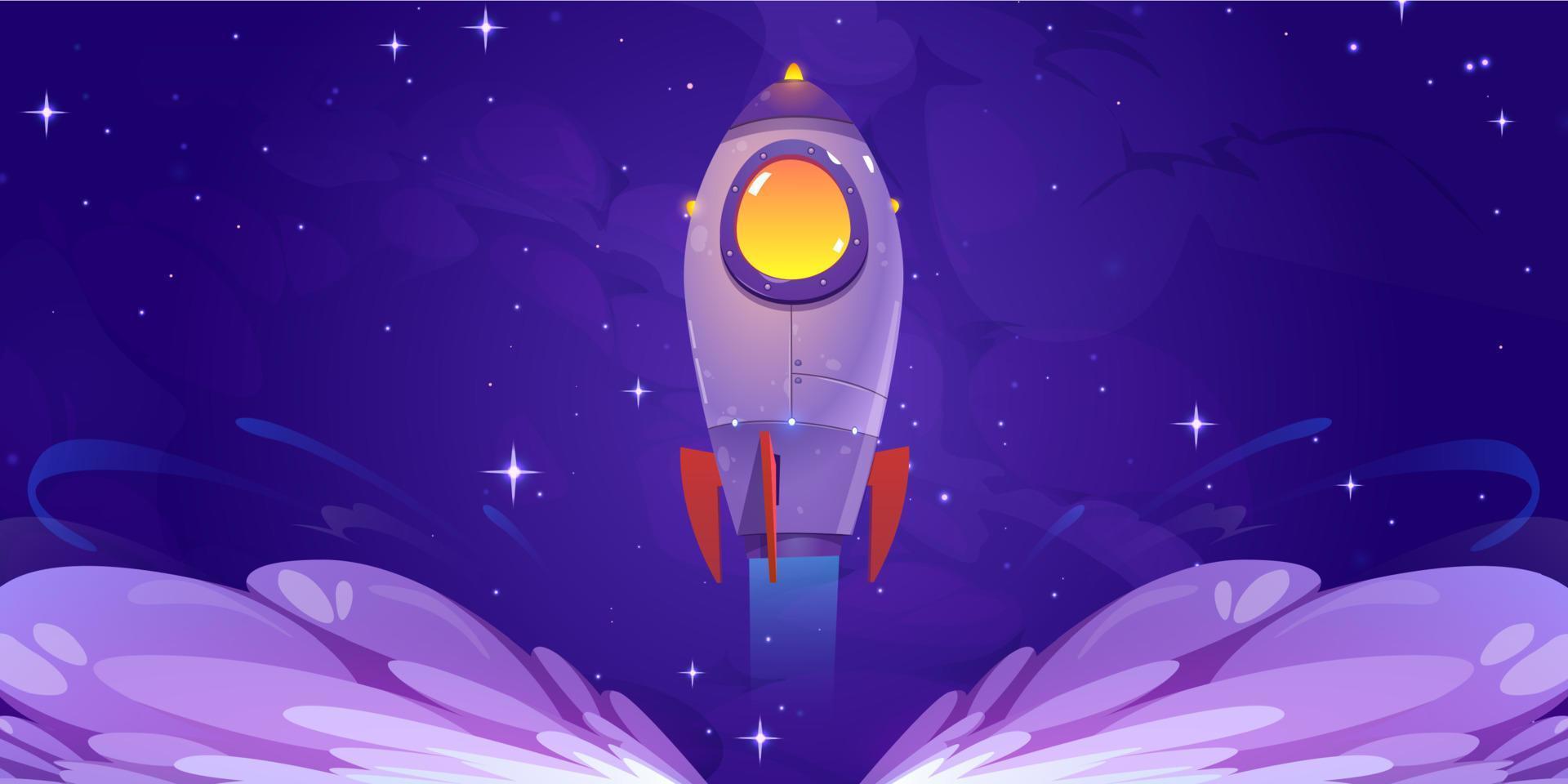 Rocket launch, spaceship flying up to night sky vector