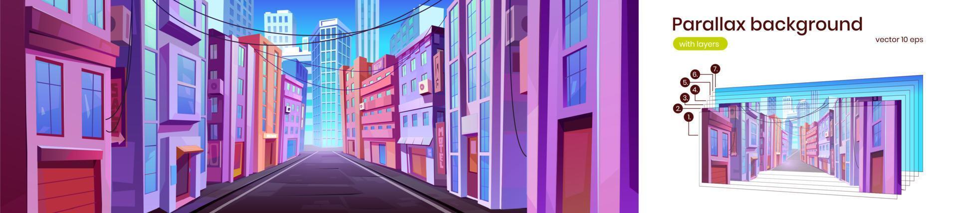 Big city street in daytime, parallax background vector