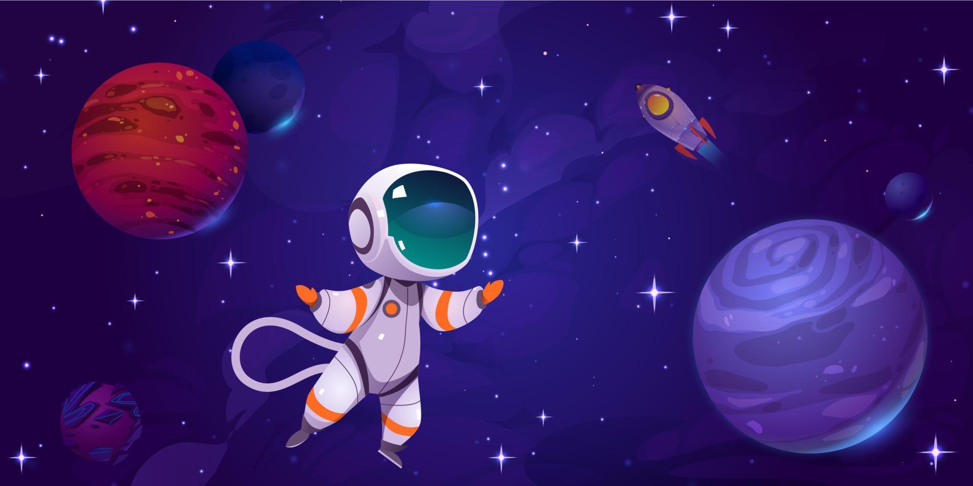 Cute astronaut in outer space with alien planets vector