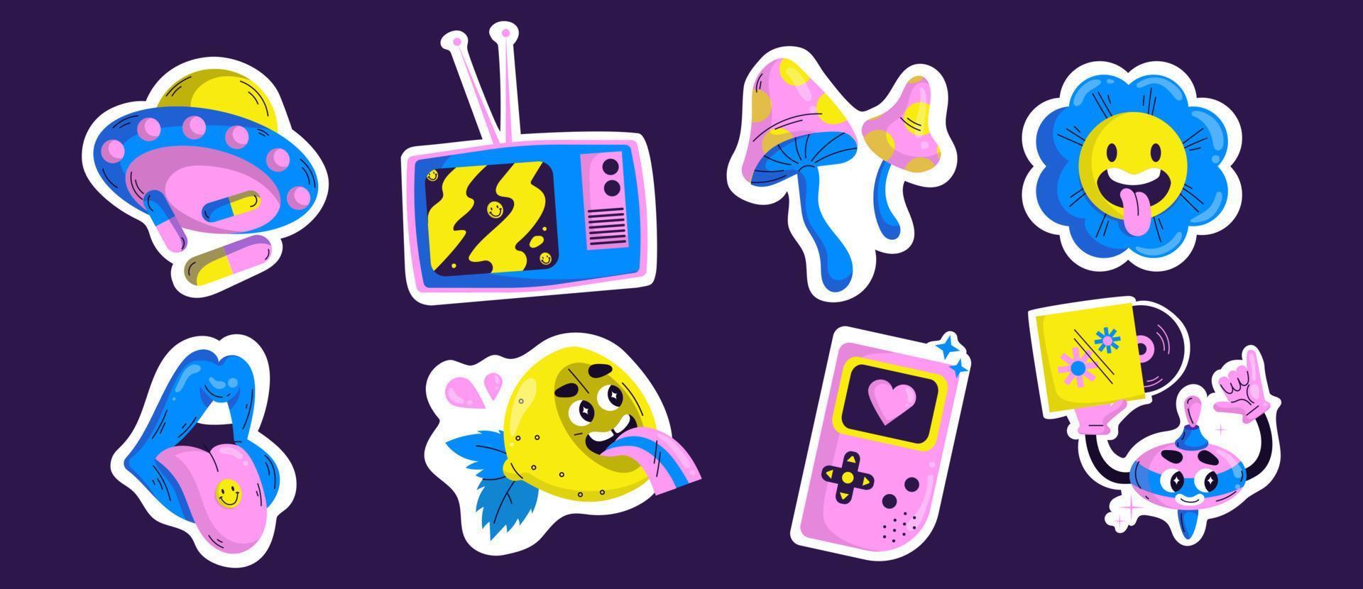 Retro acid psychedelic stickers in y2k style vector