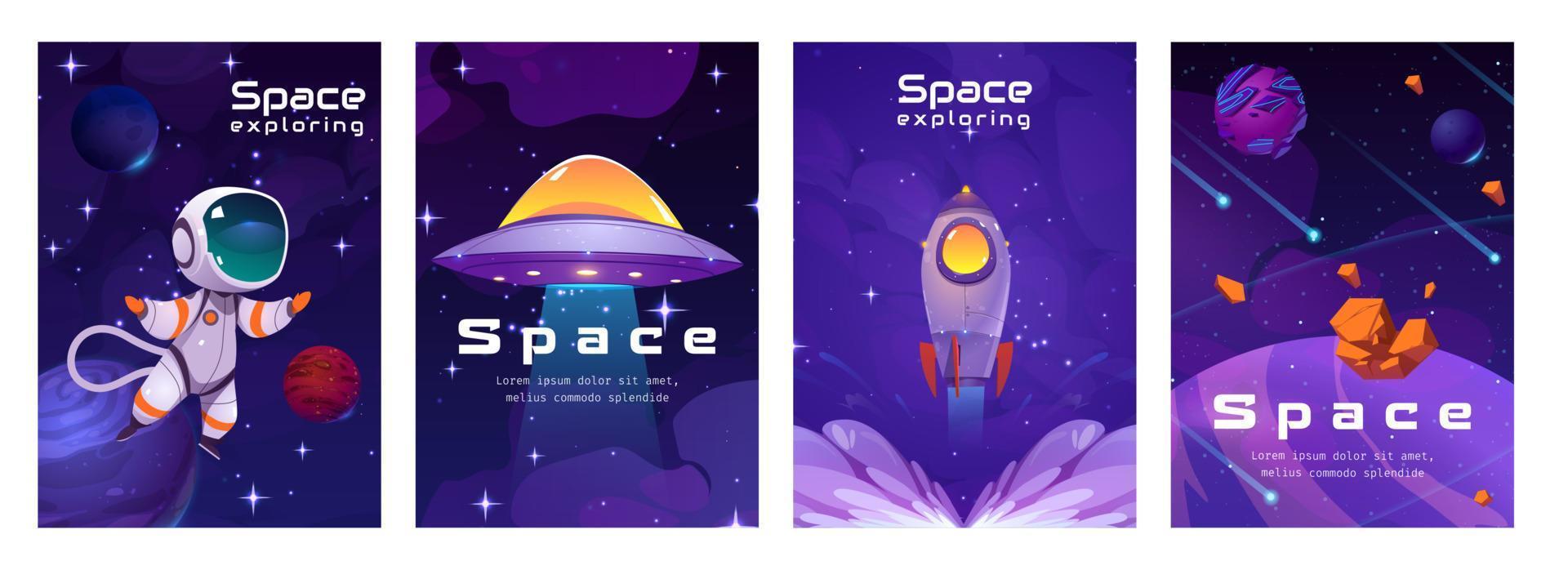 conjunto de dibujos animados de banner de juego de exploración espacial vector