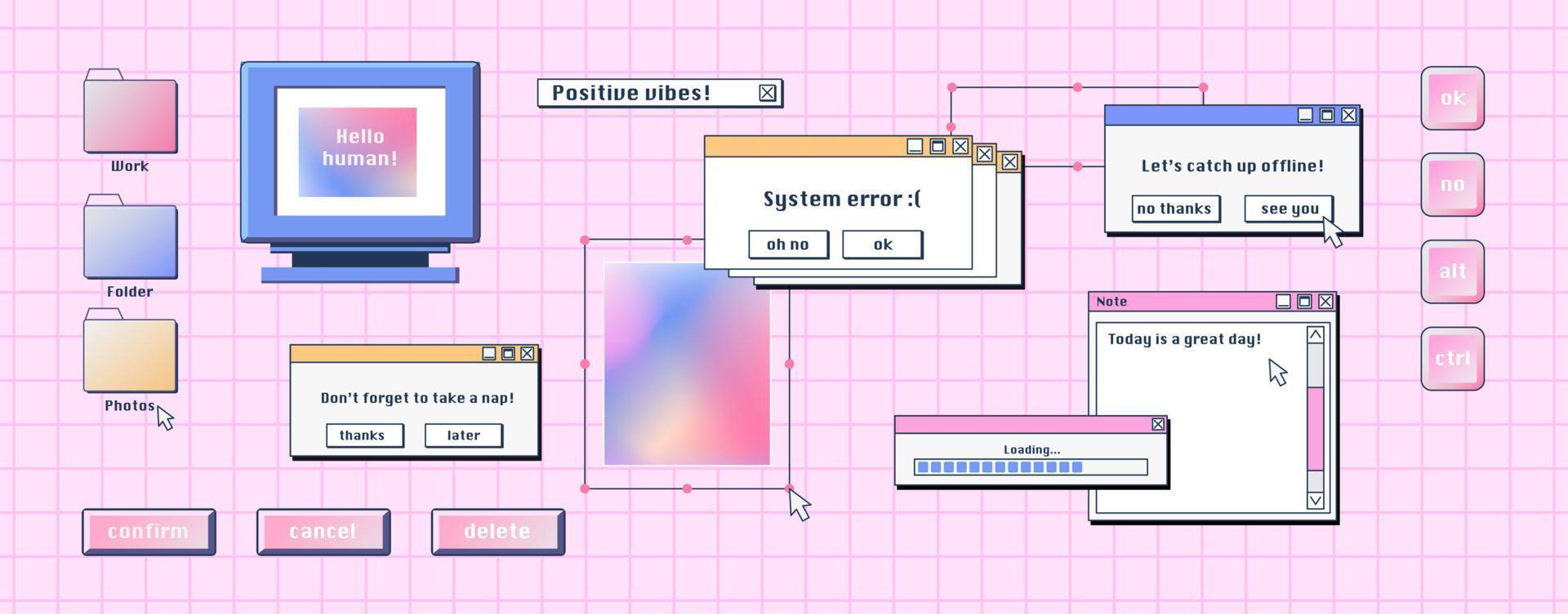 interfaz de computadora retro, elementos de pc de escritorio vector