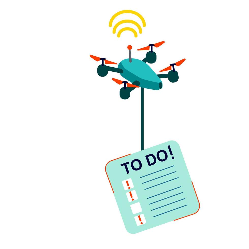 Flying quadcopter carries urgent task card vector