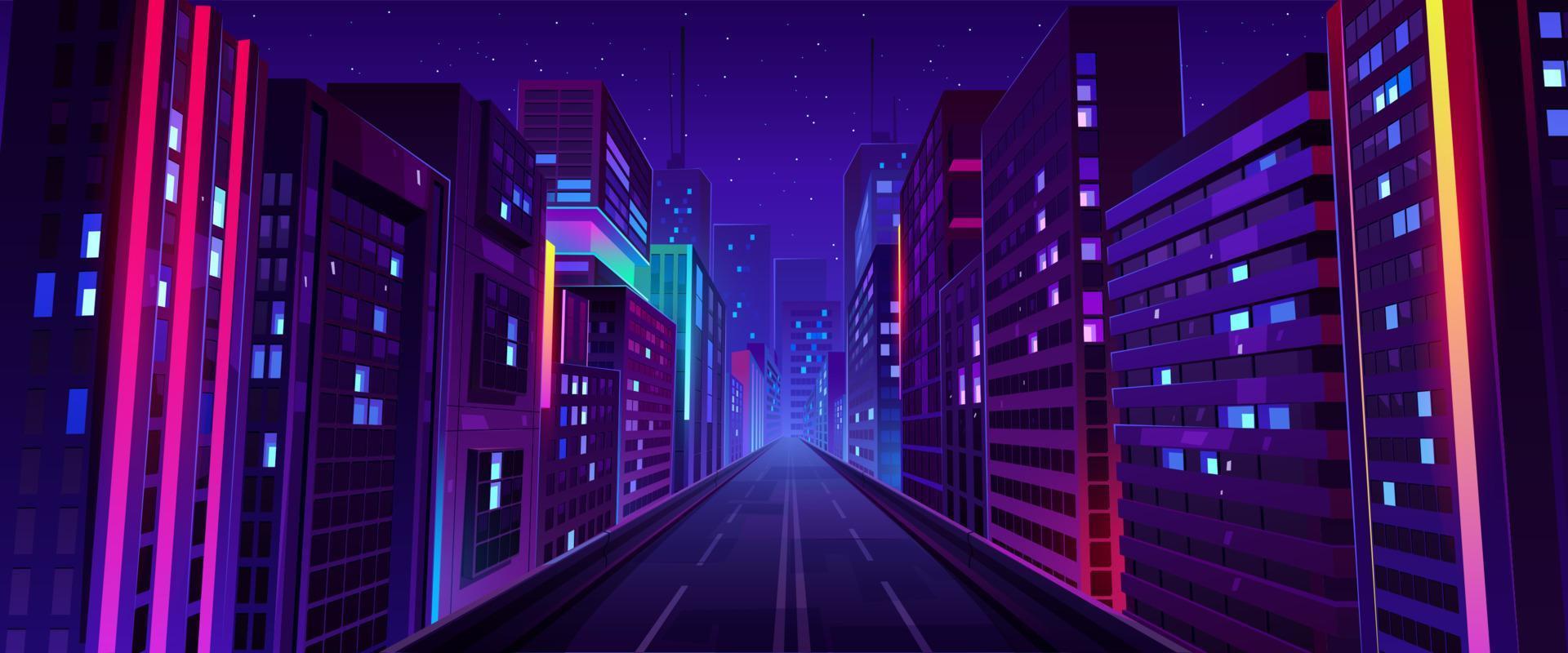 calle nocturna de la ciudad, carretera y casas con luz de neón vector
