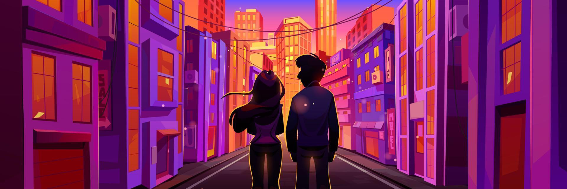 Couple walk on city street in evening vector