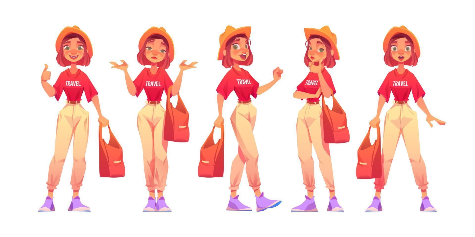 personaje turístico femenino con diferentes emociones vector