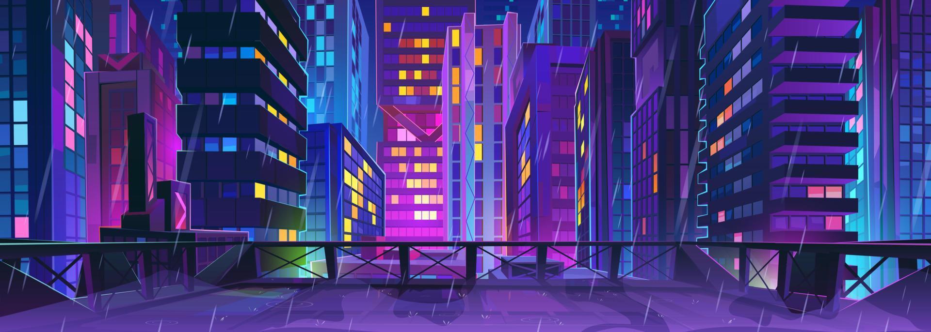 Rainy night cityscape with neon lights vector