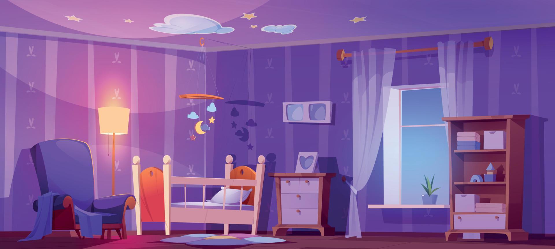 Nursery, baby room with cot bed, chair at night vector