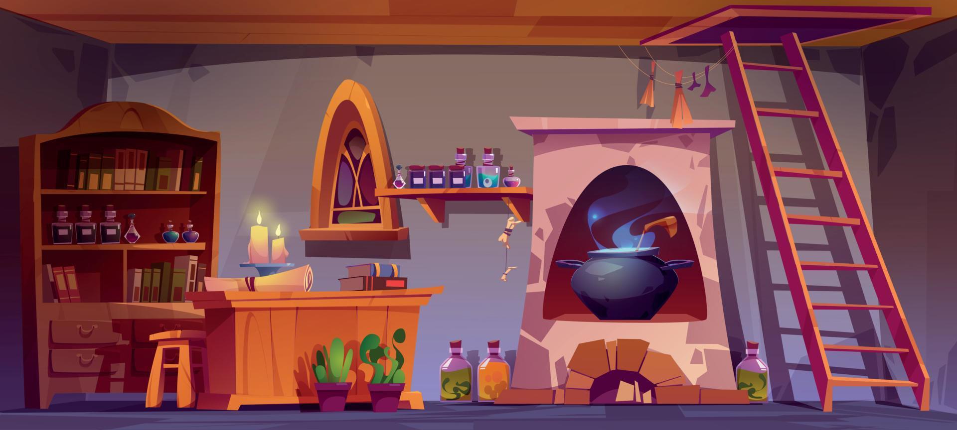 Alchemist or wizard room with books, potions vector