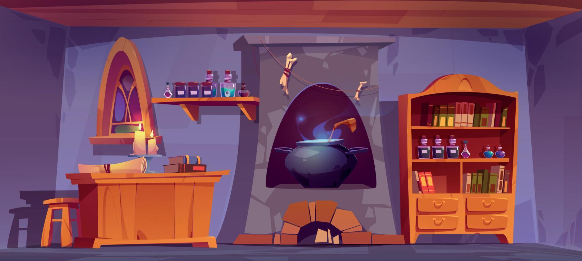 Magic potions shop interior with furniture vector