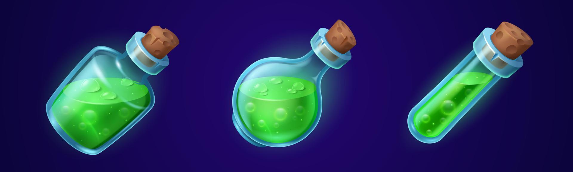 Cartoon set of bottles with green magic potions vector