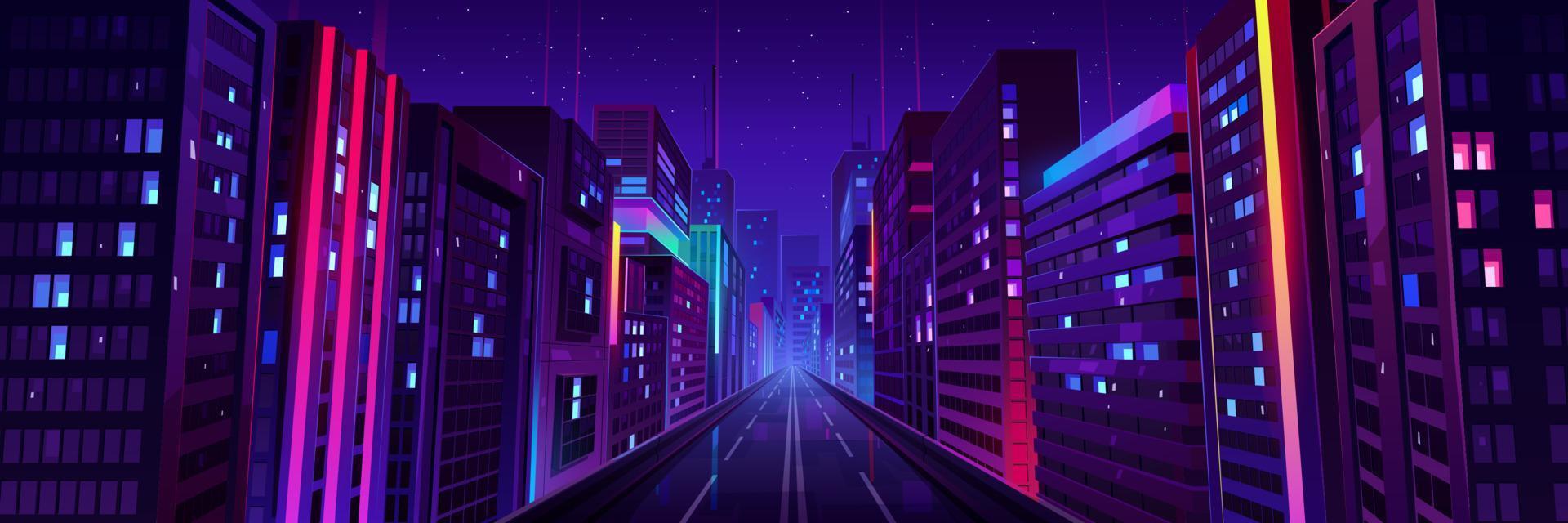 calle nocturna de la ciudad, carretera y casas con luz de neón vector