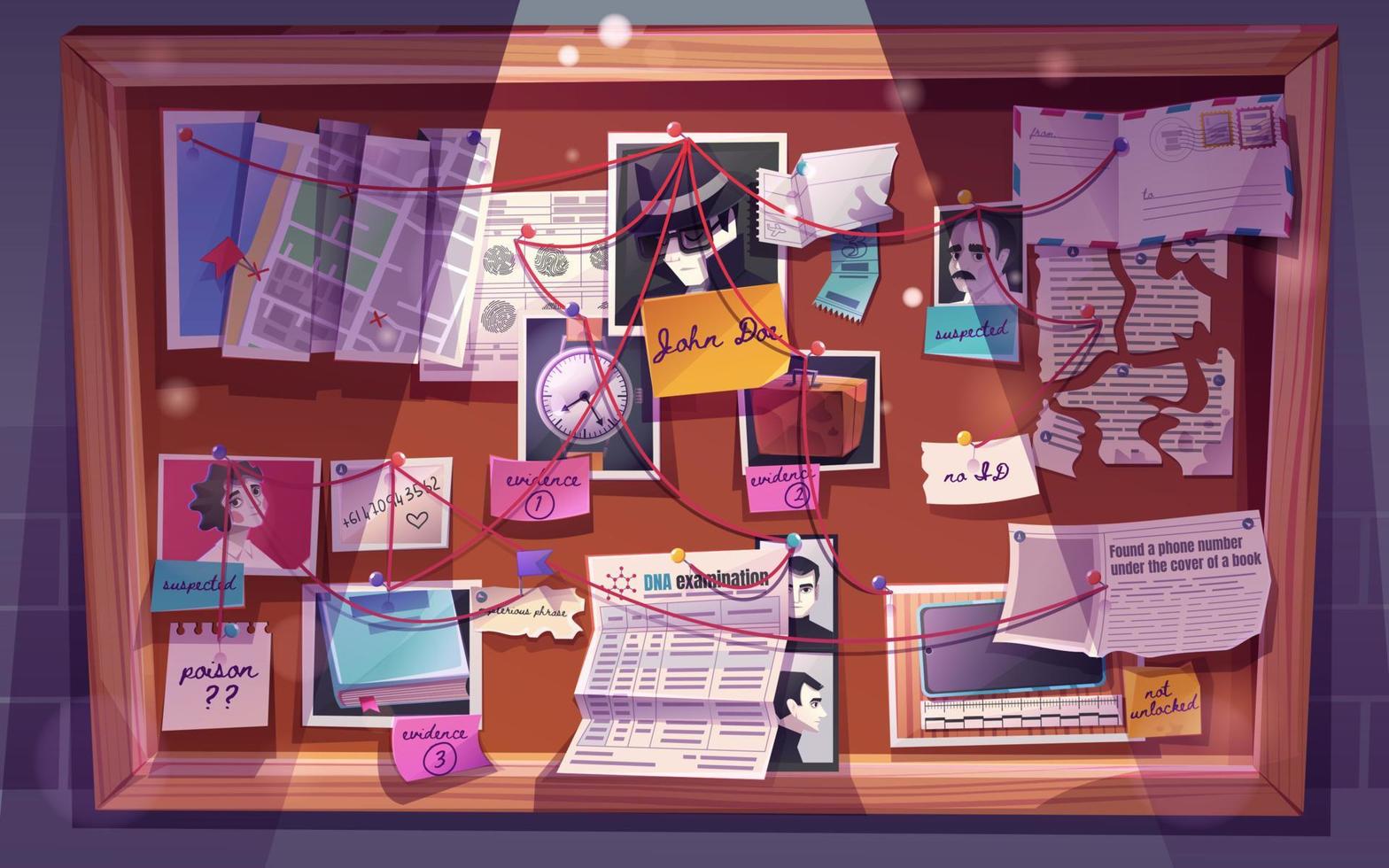Detective board for crime investigation evidence vector