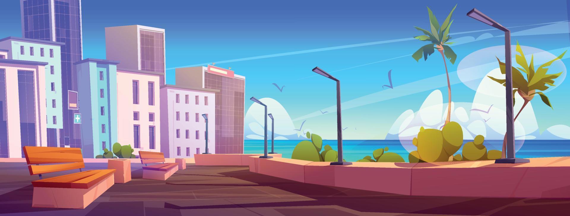 ciudad con terraplén en la playa del mar vector