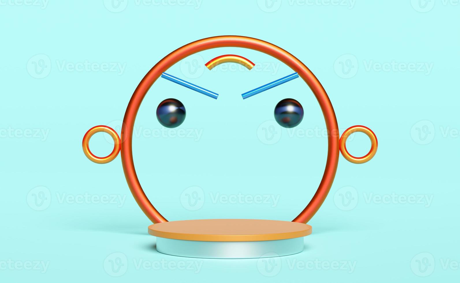 Orange podium empty with face shape, geometric shapes in blue composition for modern stage display and minimalist mockup, abstract showcase background. Concept 3d illustration or 3d render photo