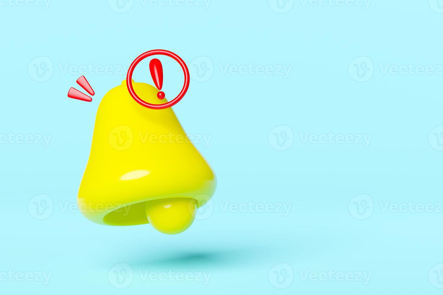 3D warning bell notification floating with red exclamation mark isolated on blue background. 3d illustration render, Clipping path photo