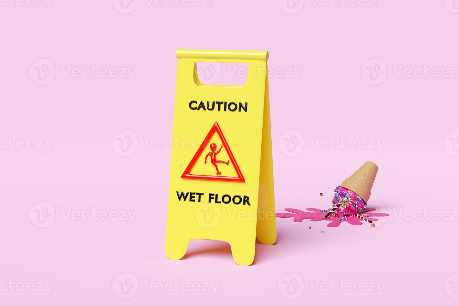 caution slippery or wet floor caution plastic sign with ice cream cones fallen on the floor isolated on blue background. warning symbol, 3d render illustration, clipping path photo