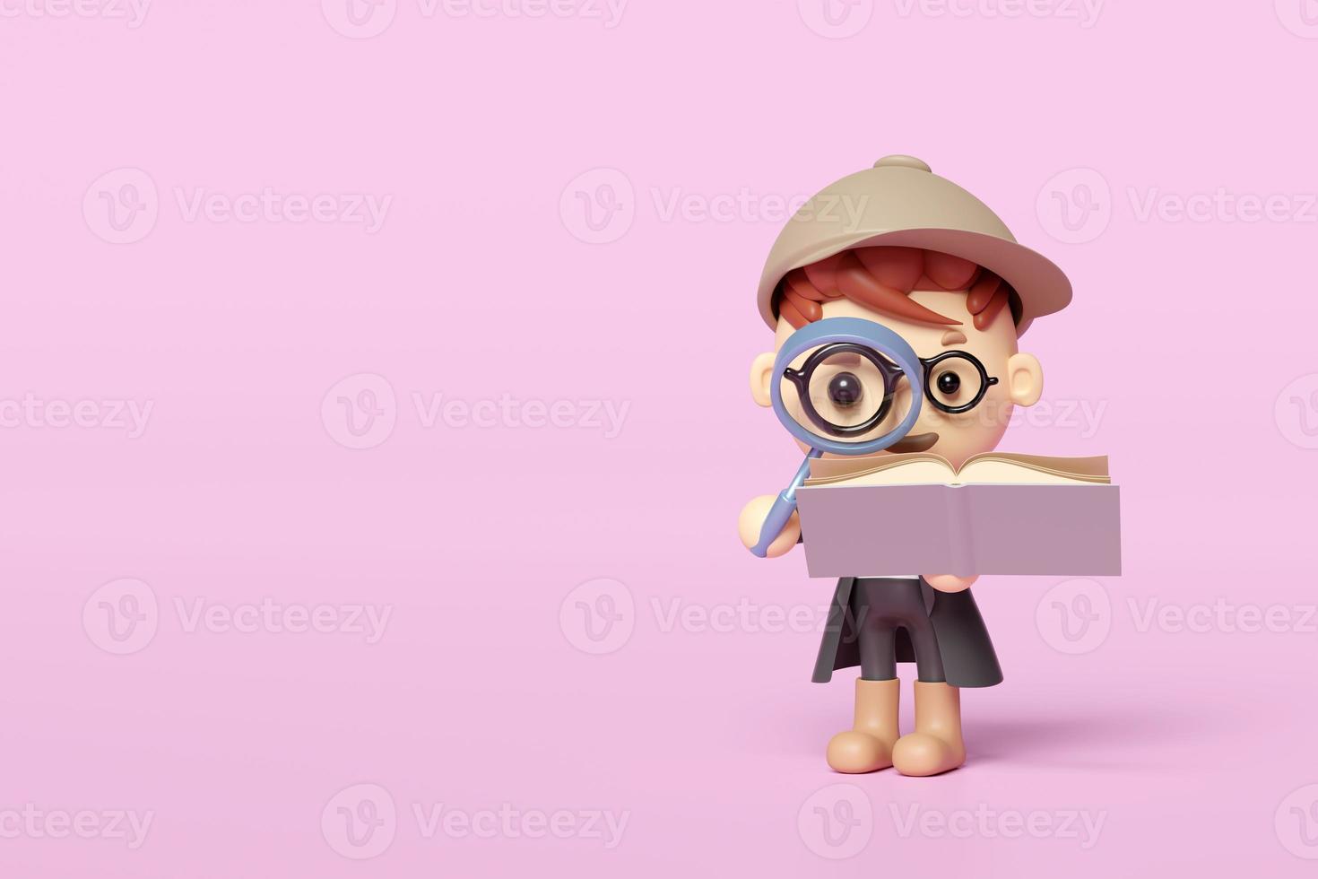 Libro abierto con lupa, personaje de detective de dibujos animados en 3d, sombrero marrón aislado en fondo rosa. estudiar, investigar concepto, 3d render ilustración, trazado de recorte foto