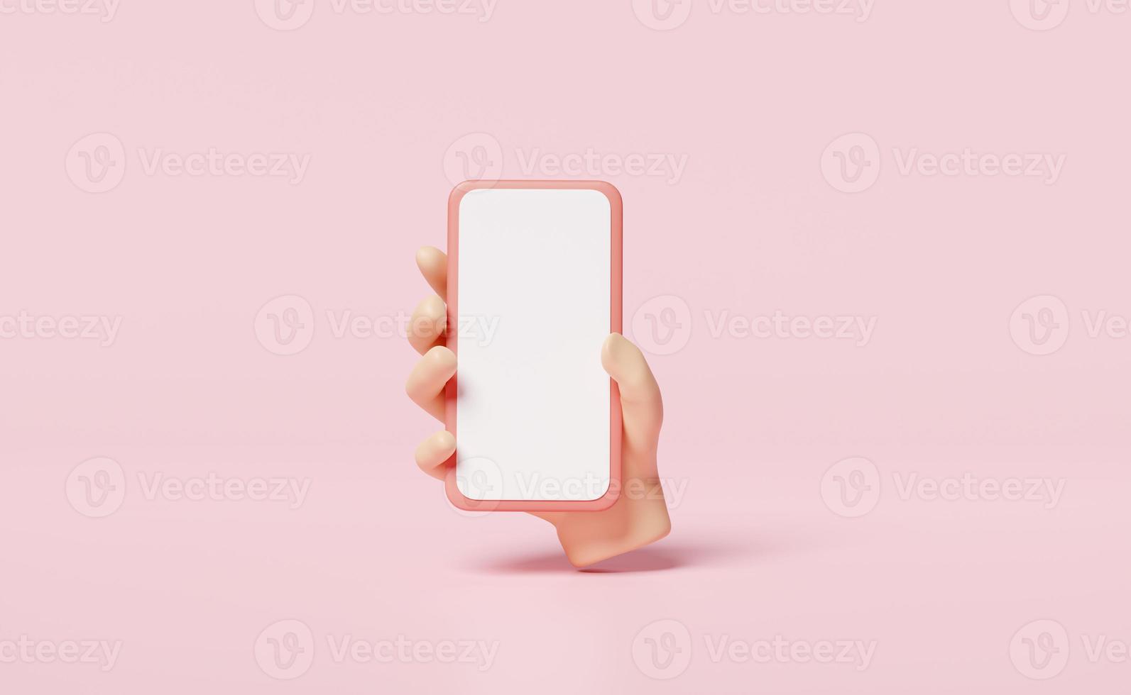 3d hand holding smartphone isolated on pink background. hand using mobile phone, screen phone template, empty screen phone mockup, minimal concept, 3d render illustration photo
